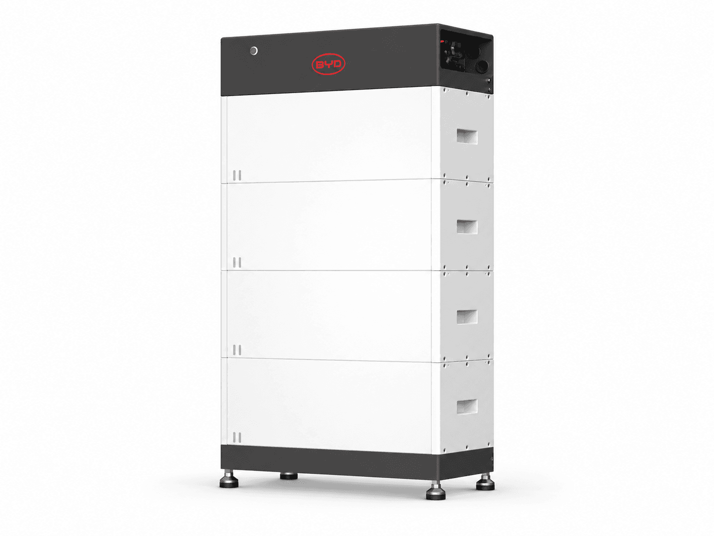 AI studio illustration: BYD Battery-Box Premium HVM 11.0 with four modules and the original black control unit.