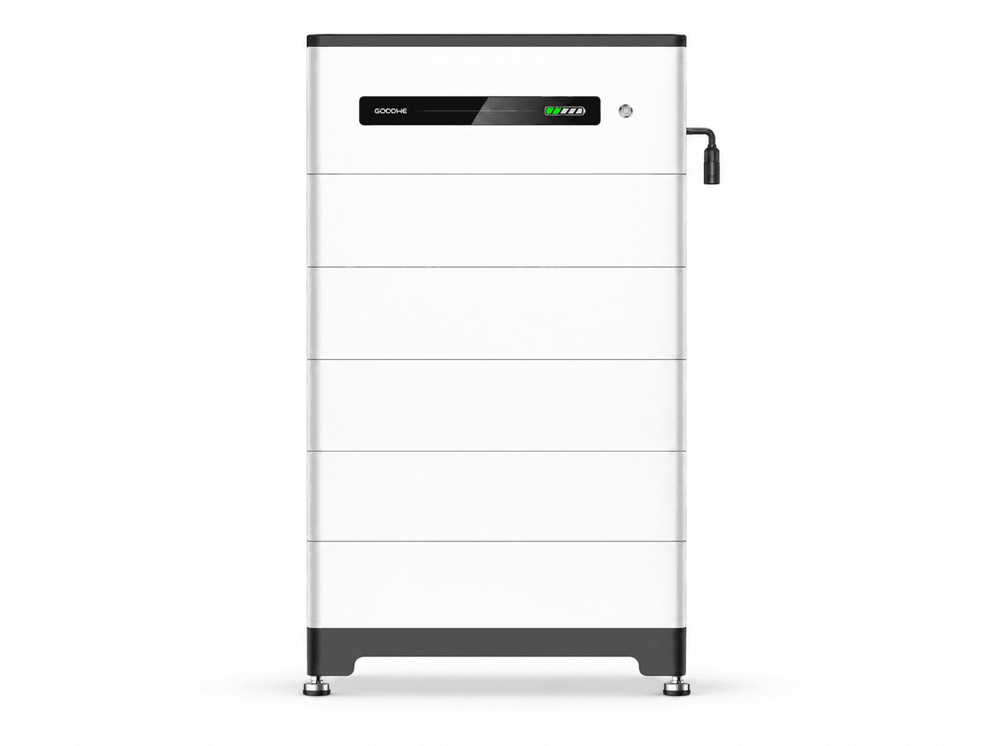 AI studio illustration: GoodWe original Lynx Home F/Plus+ five-module tower, power control unit and adjustable feet.