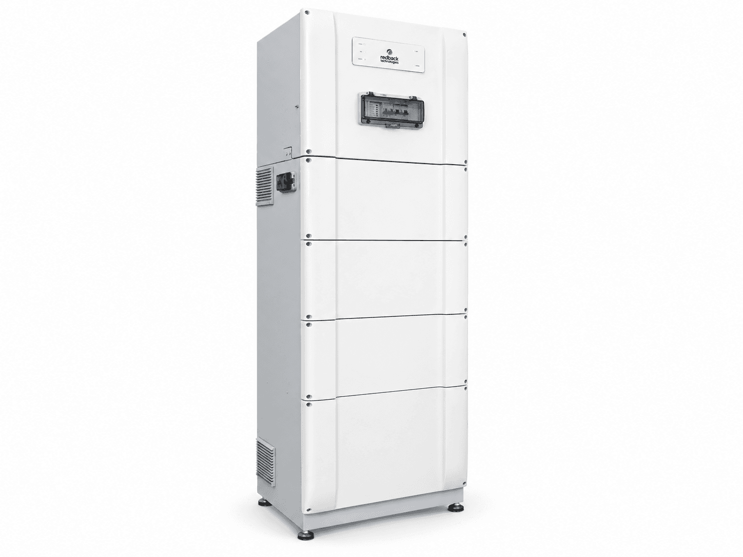 AI studio illustration: Redback Smart Battery cabinet with front switch panel; the reference cabinet is shared by SB9600 and SB14200.