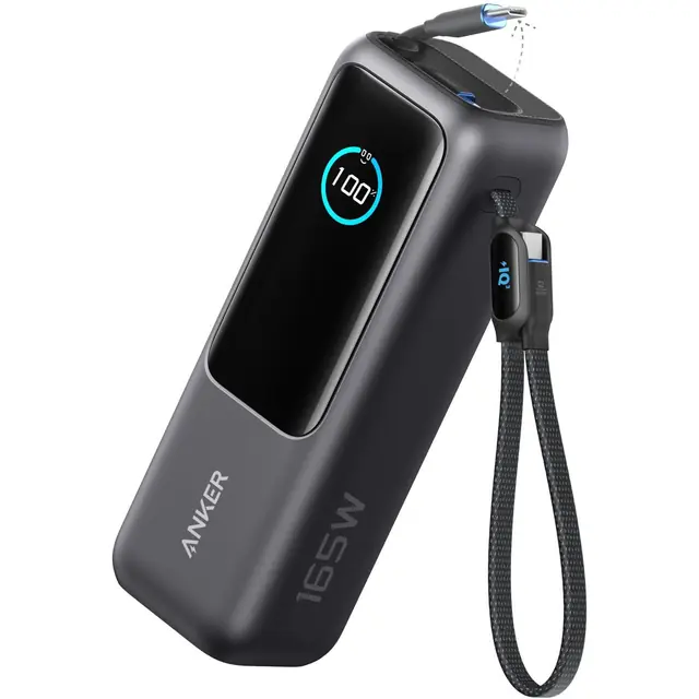 Black Anker A1695H11 25K power bank with screen and integrated retractable and loop USB-C cables.