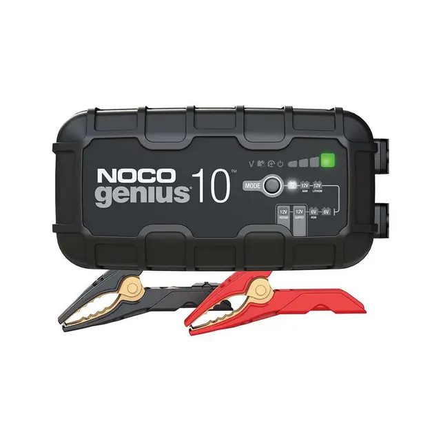 NOCO GENIUS10 Australian charger with battery clamps; mains plug not shown.