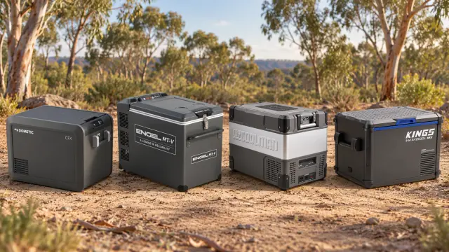 AI-generated illustration of four portable fridges in a eucalyptus campground; product details and scale are illustrative.