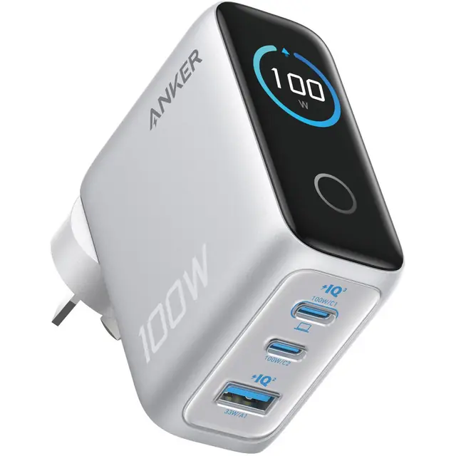 Silver Anker A121BT41 100W charger with display, two USB-C ports, USB-A and Australian plug.