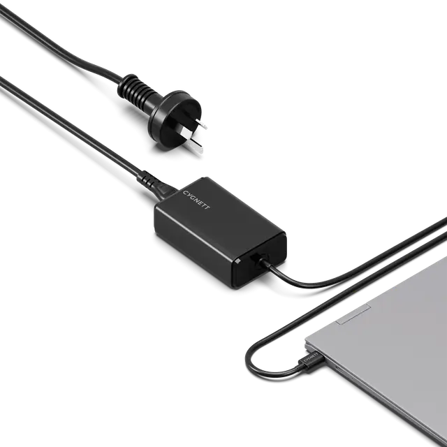 Black Cygnett CY5071PDWCH PowerMaxx 65W desktop brick with Australian mains lead and integrated USB-C cable.