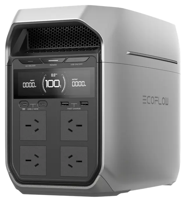 EcoFlow DELTA 3 Plus with four Australian AC sockets, angled front view
