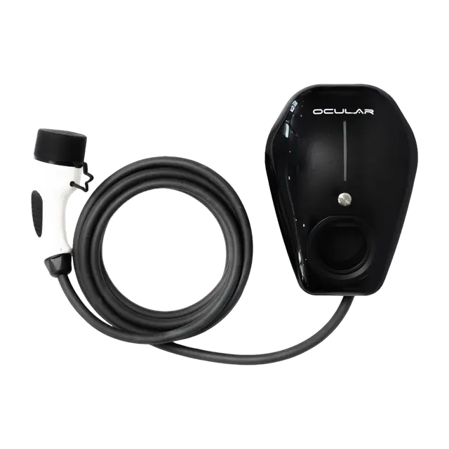 Black Ocular IQ Home Solar IOCAH30-7TE-RW with its tethered Type 2 lead.