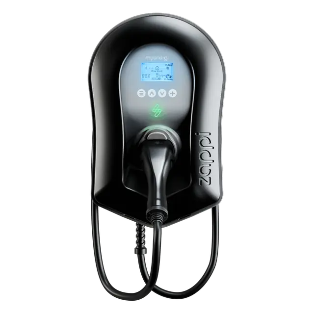 Black myenergi zappi tethered charger pictured on the Australian manufacturer listing.