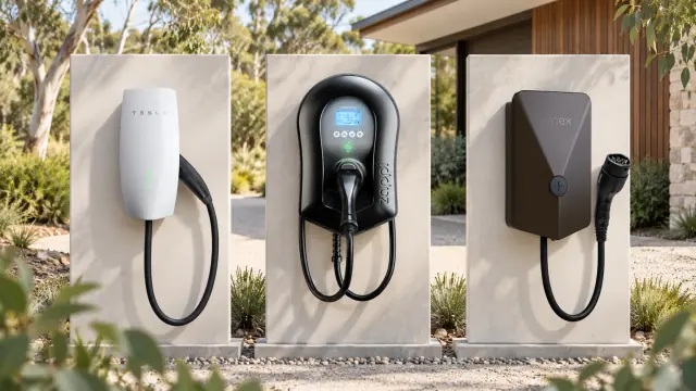 AI-generated illustration of three EV chargers on separate display boards outside a home; not a real installation.