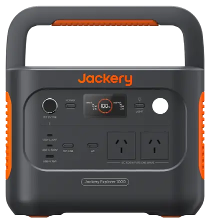Jackery Explorer 1000 v2 with orange handle and Australian AC sockets