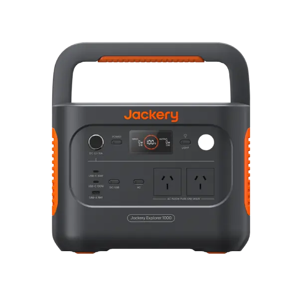 Jackery Explorer 1000 v2 with orange handle and Australian AC sockets