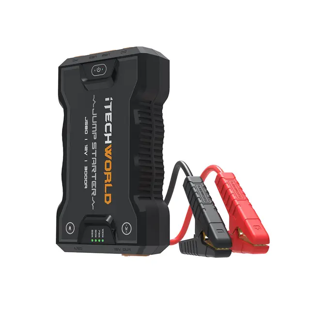 iTechworld JS80 12V jump starter with red and black clamps.
