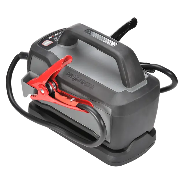 Projecta IS1500 jump starter with clamps and charging base.