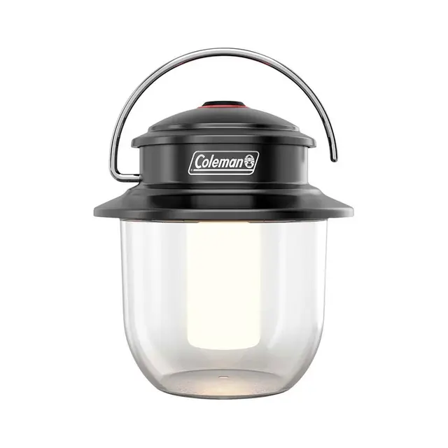 Black Coleman Classic Recharge 400L lantern with carry handle raised.