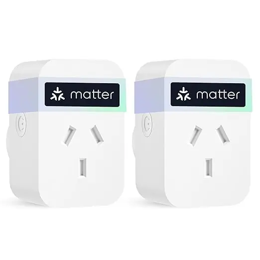 Two Meross MSS315MAKIT-AU Matter smart plugs with Australian Type-I sockets, matching the two-pack offer.