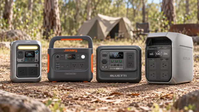 AI-generated illustration of four unplugged portable power stations at a dry campsite; product details and scale are illustrative.