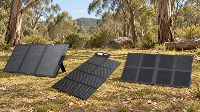 AI-generated illustration of three portable solar arrays in a eucalyptus campground; product details and scale are illustrative.