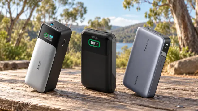 AI-generated illustration of three power banks on an outdoor picnic table; product details and scale are illustrative.