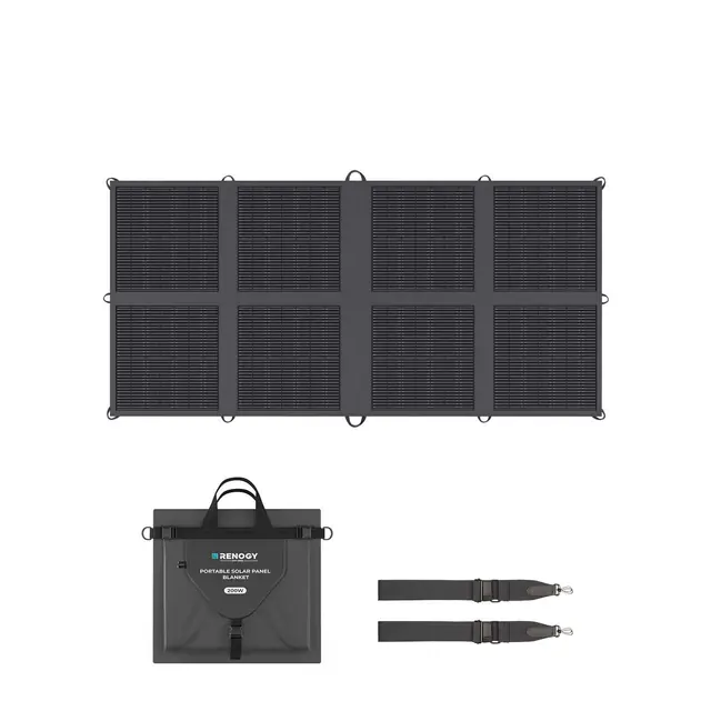 Renogy 200W solar blanket unfolded beside its folded form and two pictured straps