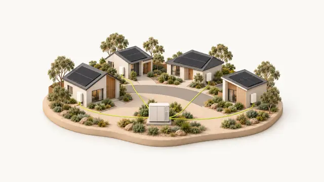 Illustration of four homes on a curved street, each with rooftop solar and a wall battery, wired to one shared neighbourhood substation: home batteries working together as a virtual power plant.